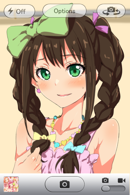 1girl, alternate_hairstyle, blush, bow, braid, brown_hair, clearite, earrings