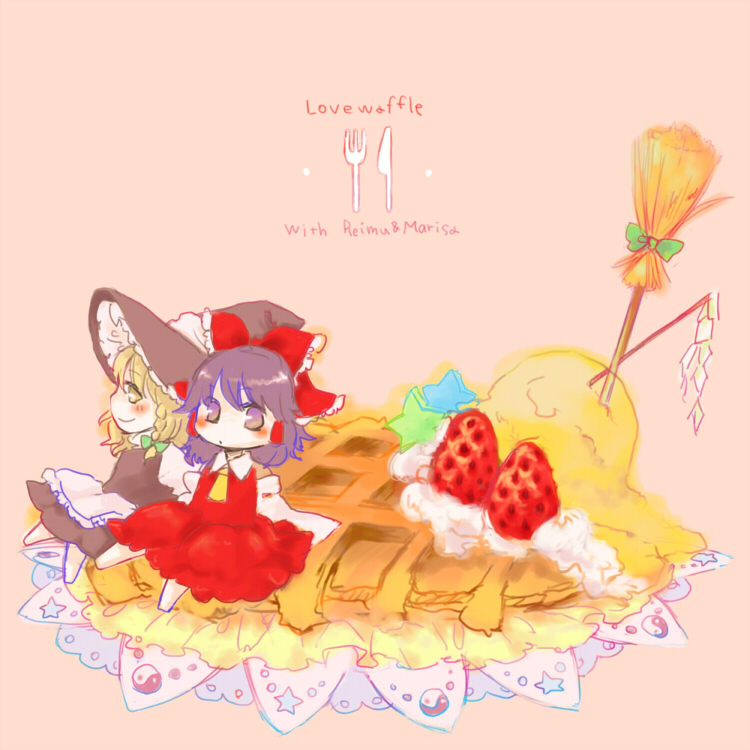 broom, chibi, food, fruit, gohei, hakurei_reimu, kirisame_marisa, multiple_girls