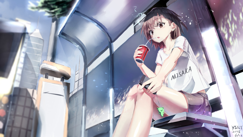 1girl, absurdres, blush, brown_eyes, brown_hair, casual, cellphone, clothes_writing