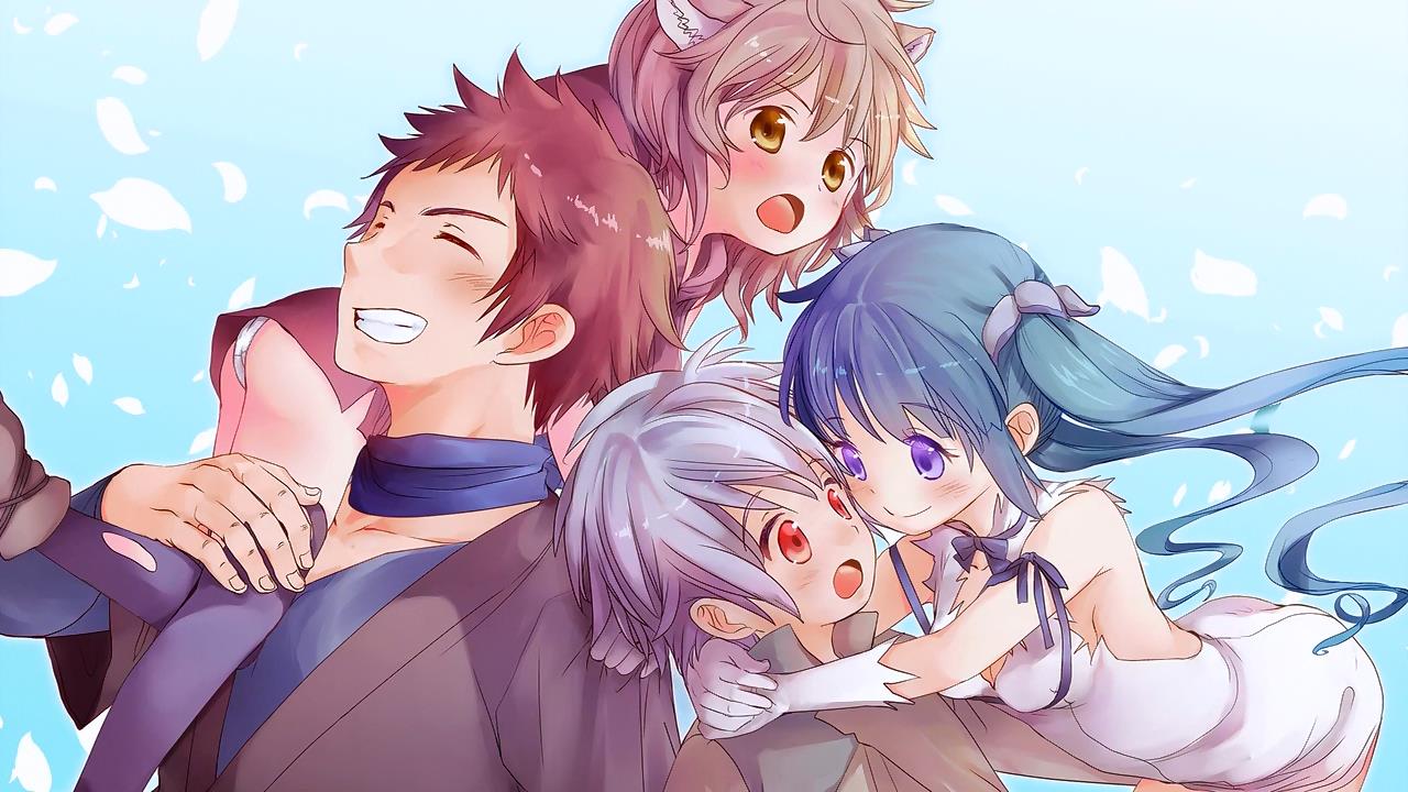 2boys, 2girls, animal_ears, bell_cranel, blue_eyes, blue_hair, blush, brown_hair