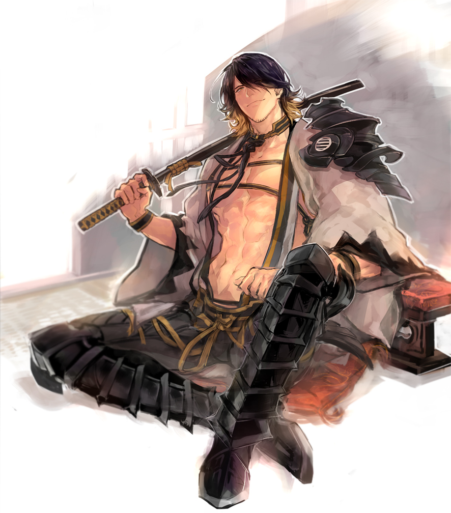 1boy, abs, facial_hair, japanese_clothes, katana, male_focus, multicolored_hair, nagasone_kotetsu