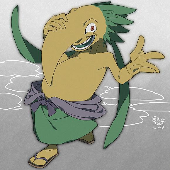 artist_name, dated, green_hair, long_hair, long_nose, looking_at_viewer, nagabana, open_mouth