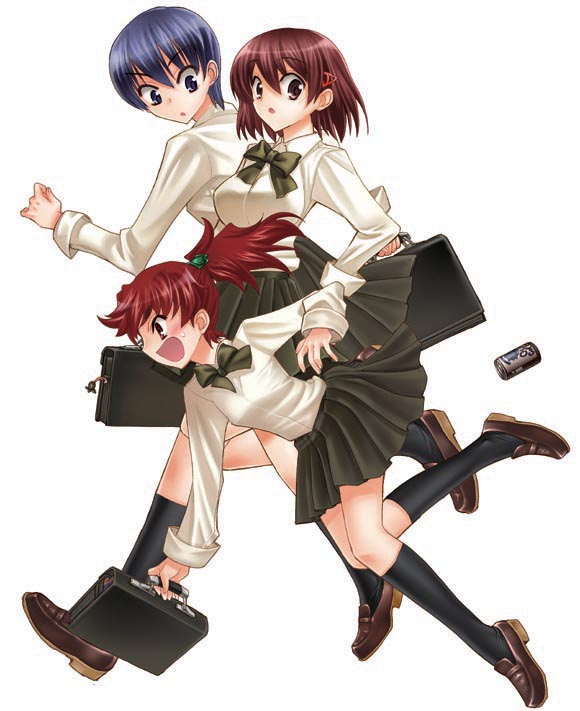 bag, black_kneehighs, black_legwear, blue_hair, bow, brown_hair, can, dress_shirt