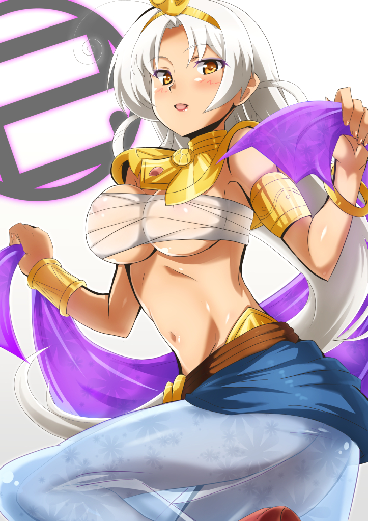 1girl, amber_eyes, artist_request, blush, etotama, hair_ornament, jewelry, long_hair, midriff, navel, sarashi, shaa-tan, shawl, solo, white_hair