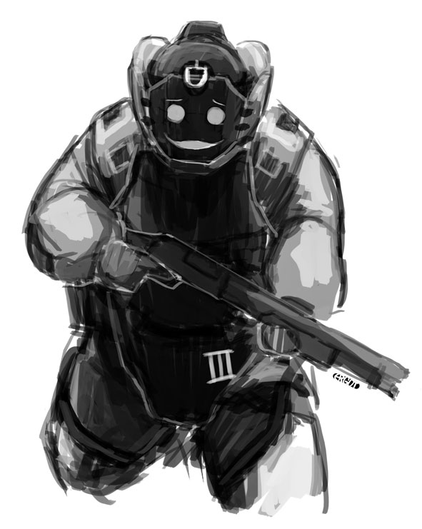 1girl, :<>, armor, artist_name, body_armor, bomb_suit, bulldozer_(payday), ergot, gloves, gun, helmet, inazuma_(kantai_collection), kantai_collection, military, monochrome, payday_(series), payday_2, plasma-chan_(kantai_collection), plate_carrier, shotgun, simple_background, tagme, weapon