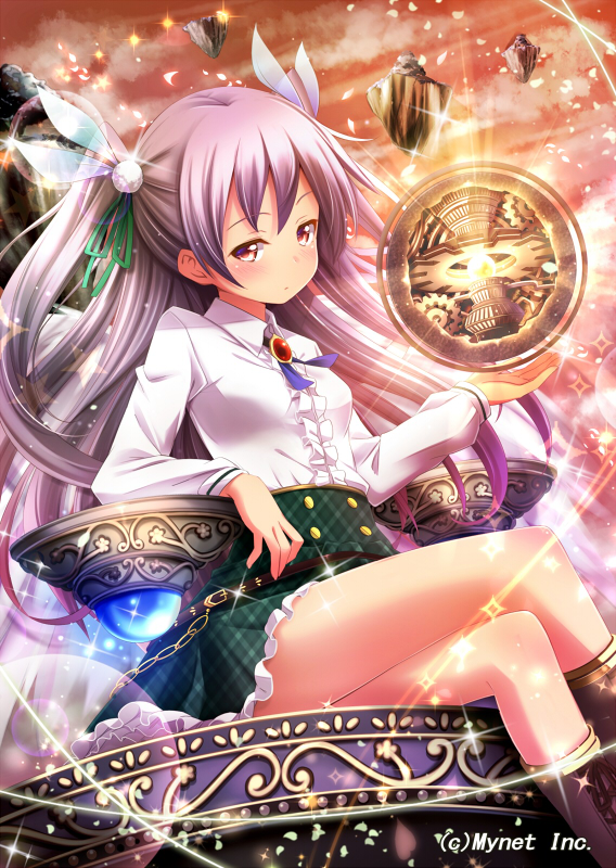 1girl, ayase_midori, crossed_legs, hair_ribbon, long_hair, long_sleeves, original, pink_hair