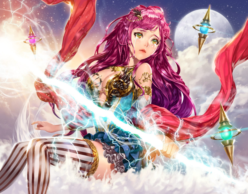 1girl, breasts, cleavage, clouds, coffee_dog, crying, full_moon, hair_ornament