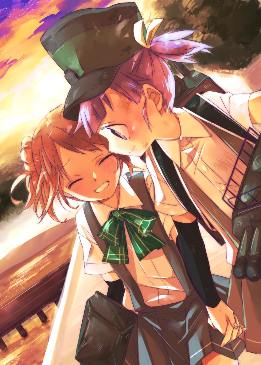 absurdres, arm_warmers, bow, double_bun, dress_shirt, green_bow, grey_skirt, grin