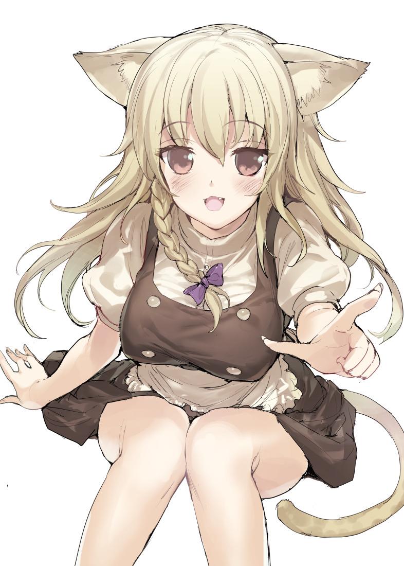 1girl, animal_ears, apron, black_dress, blonde_hair, blush, bow, braid
