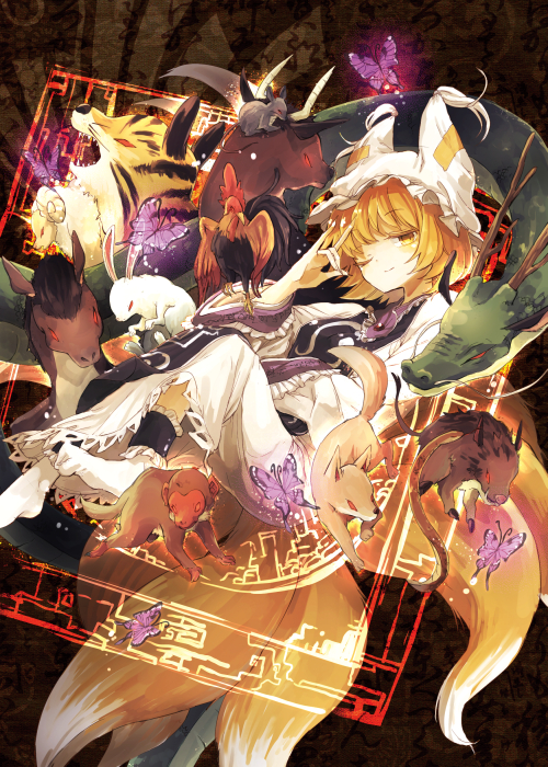 1girl, animal, animal_ears, bird, blonde_hair, bull, butterfly, chicken