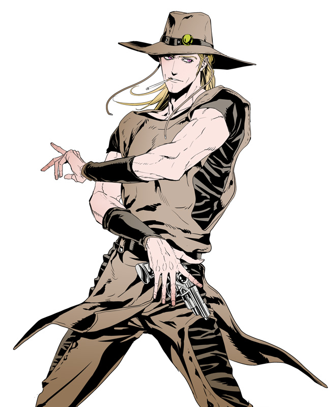 blonde_hair, cigarette, cowboy_hat, emperor_(stand), gun, hat, hol_horse, jojo_no_kimyou_na_bouken