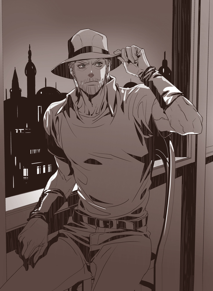 adjusting_clothes, adjusting_hat, beard, building, chair, facial_hair, gloves, greyscale