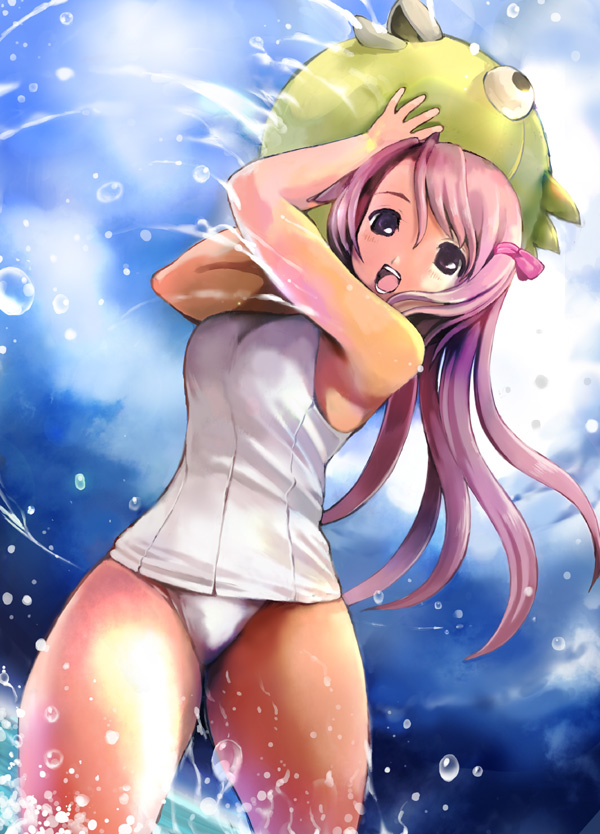 bow, hair_bow, inono, long_hair, one-piece_swimsuit, open_mouth, original, pink_hair
