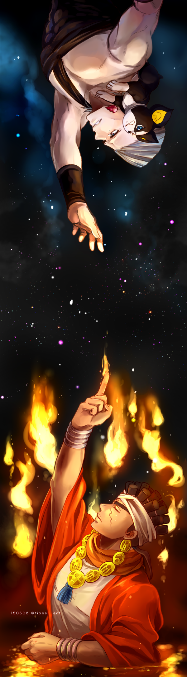 artist_name, black_hair, blue_eyes, closed_eyes, dog, earrings, fire, grey_hair