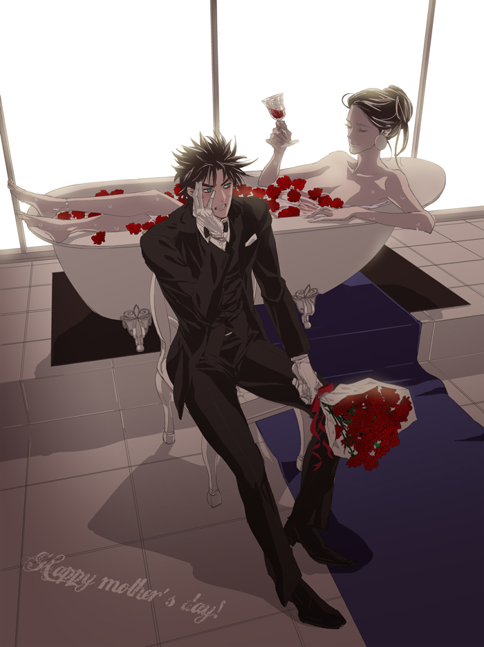 bathing, bathtub, bouquet, bowtie, brown_hair, carpet, chair, cup, earrings, flower, gloves, green_eyes, hand_on_own_face, jewelry, jojo_no_kimyou_na_bouken, joseph_joestar_(young), kamonisi, lisa_lisa, mother's_day, mother_and_son, rose, shadow, sitting, tuxedo, white_gloves, window, wine_glass