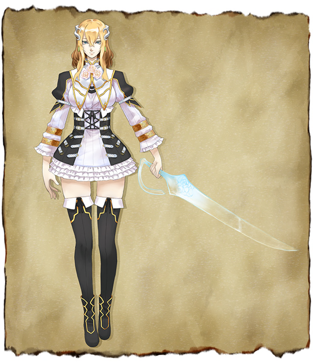 1girl, alternate_costume, alternate_hair_color, alternate_headwear, alternate_legwear, alternate_weapon, blonde_hair, bloodstained:_ritual_of_the_night, blue_eyes, concept_art, dress, frilled_dress, frills, miriam_(bloodstained), natsume_yuji, official_art, standing, sword, thigh-highs, weapon