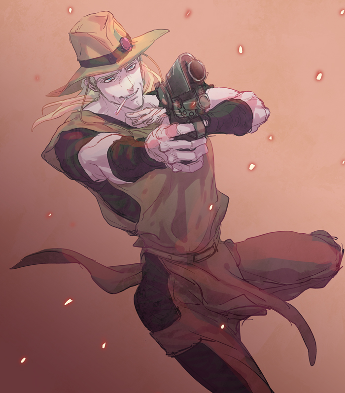aiming, blonde_hair, blue_eyes, cigarette, cowboy_hat, emperor_(stand), gradient, gradient_background