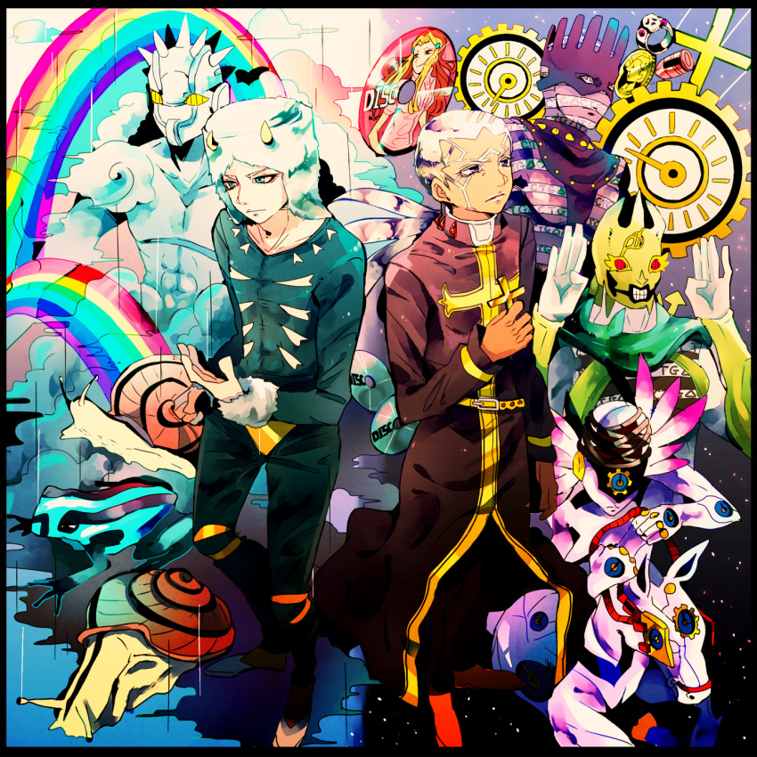 black_border, border, brothers, bullet, c-moon_(stand), cd, clouds, coin