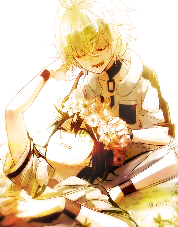 2boys, black_hair, blonde_hair, crossed_legs, grass, head_wreath, hyakuya_michaela, hyakuya_yuuichirou