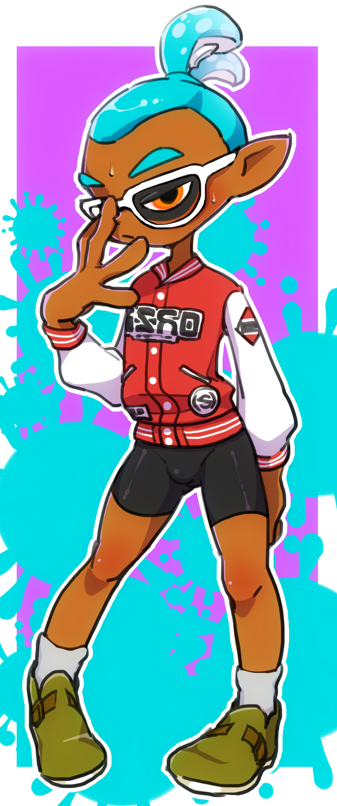 1boy, adjusting_glasses, aqua_hair, bike_shorts, bulge, dark_skin, glasses, highres