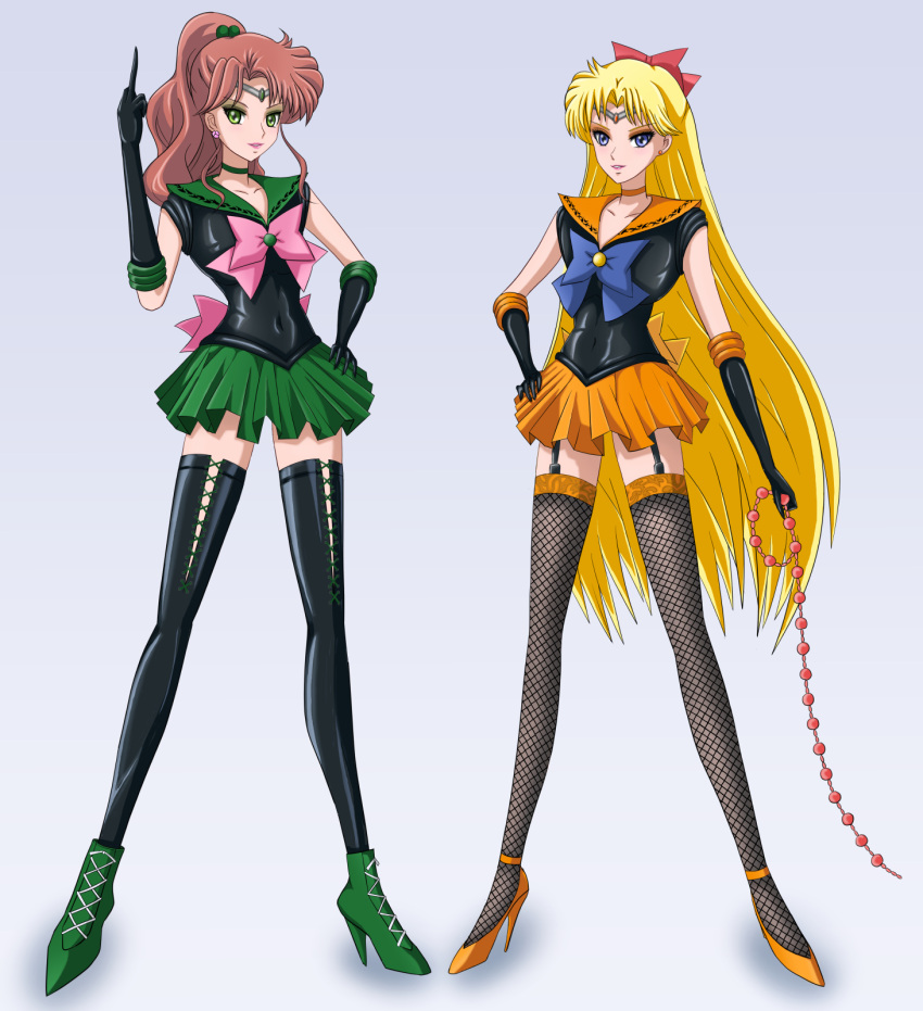 2girls, aino_minako, bishoujo_senshi_sailor_moon, black_legwear, blonde_hair, blue_eyes, brown_hair, corruption, dark_persona, earrings, elbow_gloves, eyeshadow, gloves, green_eyes, high_heels, highres, jewelry, kino_makoto, kiryu_(ax01), lipstick, long_hair, magical_girl, makeup, middle_finger, multiple_girls, sailor_jupiter, sailor_senshi, sailor_venus, short_hair, skirt, thigh-highs, tiara, weapon, zettai_ryouiki