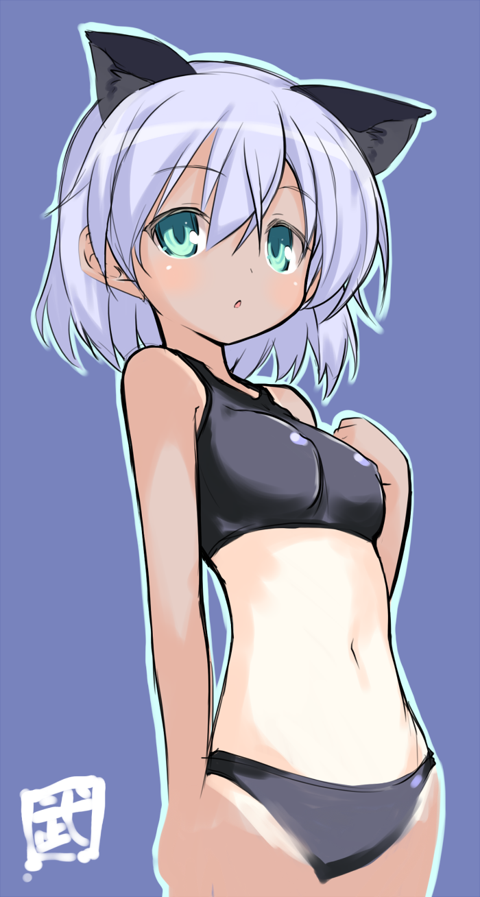 1girl, :o, animal_ears, bikini, black_bikini, blue_background, blue_eyes, blush, cat_ears, cowboy_shot, highres, navel, one-piece_tan, open_mouth, outline, sanya_v_litvyak, short_hair, silver_hair, solo, strike_witches, swimsuit, take_shinobu, tan, tanline