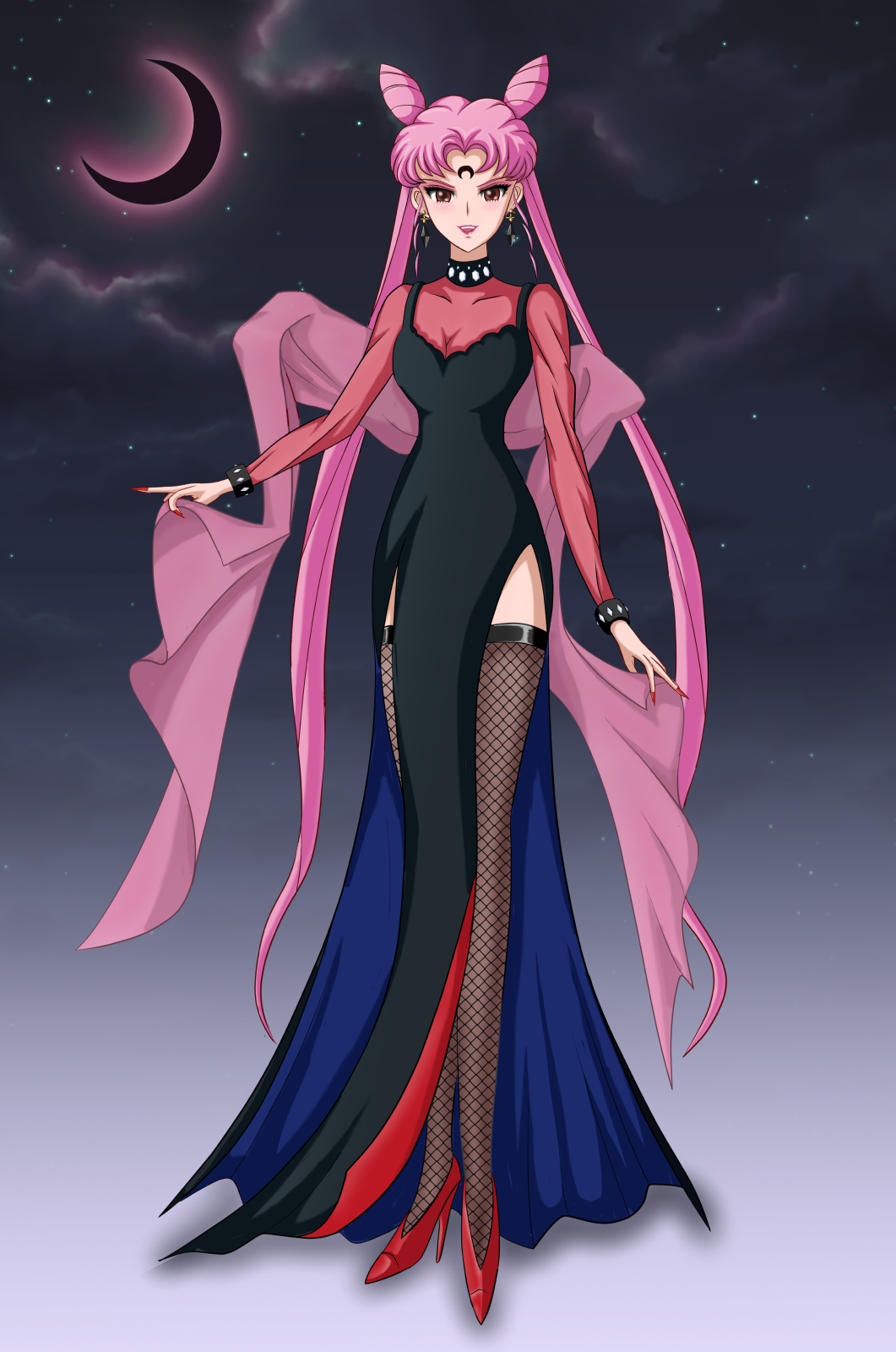 1girl, bishoujo_senshi_sailor_moon, black_dress, black_lady, black_legwear, chibi_usa, dress, high_heels