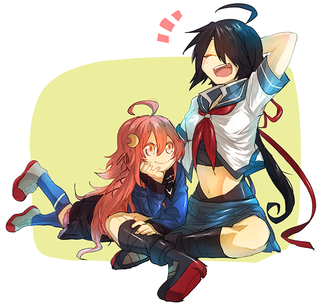 2girls, ahoge, black_hair, g-20800, hair_ornament, hand_on_own_chin, kako_(kantai_collection), kantai_collection