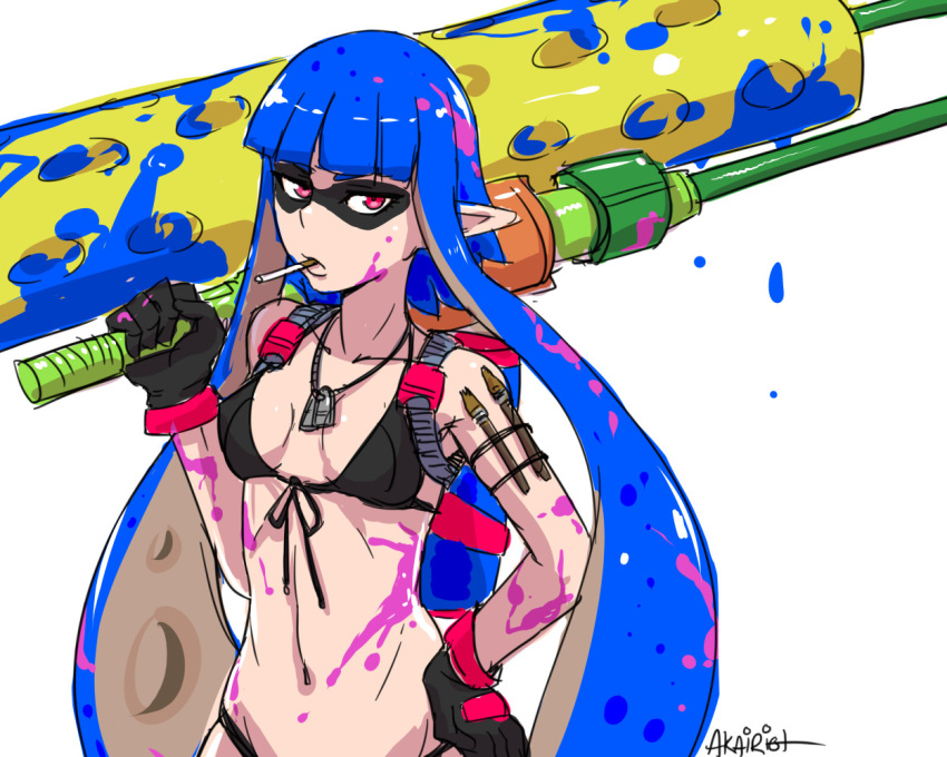 1girl, akairiot, artist_name, bikini, black_bikini, black_gloves, blue_hair, breasts