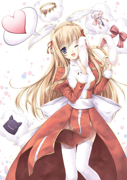 blonde_hair, blue_eyes, bunny_ears, deviruchi_hat, dress, garter_belt, hat, high_priest