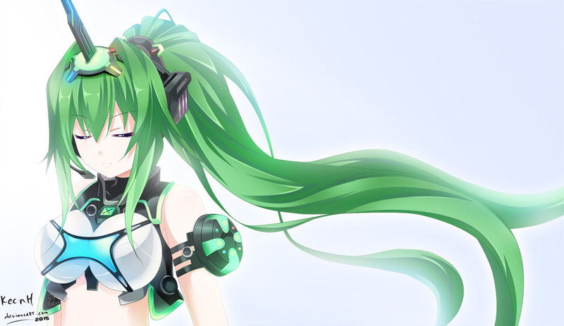 1girl, closed_eyes, green_hair, green_heart, horn, keenh, long_hair, neptune_(series)
