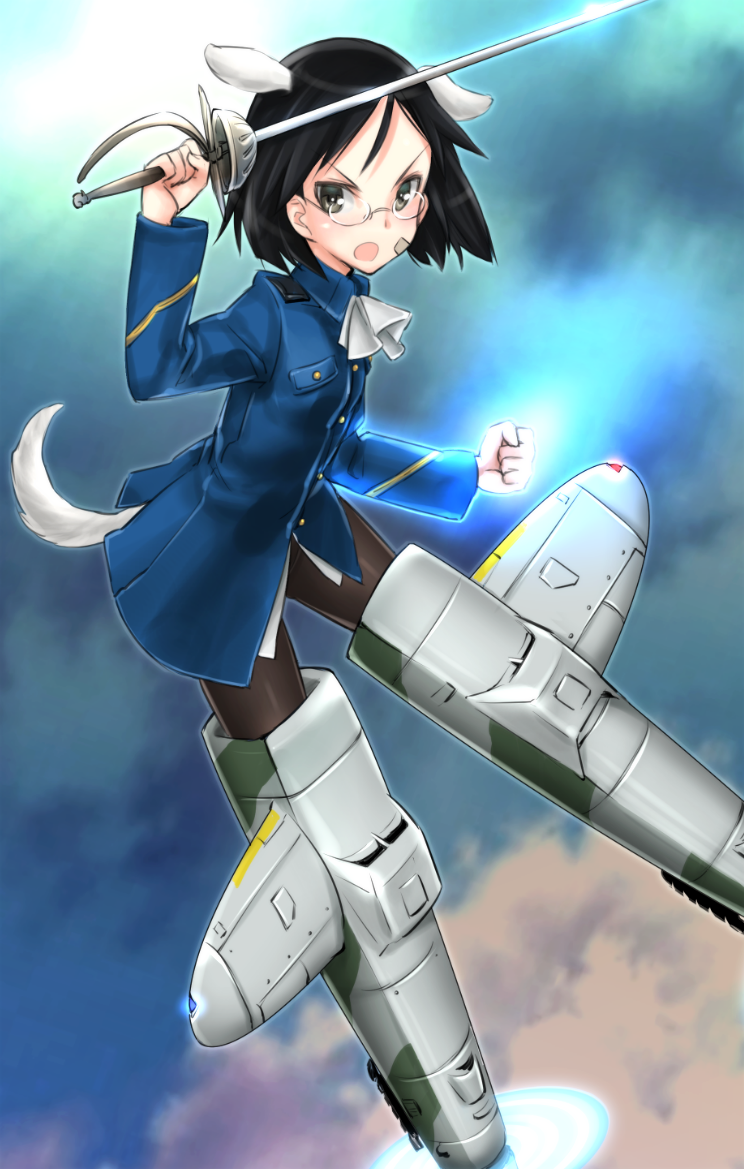 1girl, amefre, animal_ears, bandage_on_face, bespectacled, black_legwear, cosplay, cravat