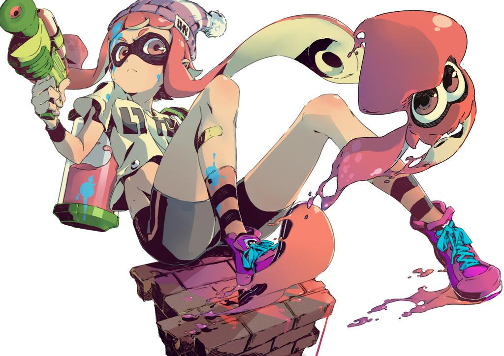 animal_humanoid, anthro, bike_shorts, cephalopod, cephalopod_humanoid, humanoid, inkling, inkling_girl, kaori_(splatoon), mask, mask_(marking), midriff, paint_splatter, pink_eyes, pink_hair, pointy_ears, pseudo_hair, splatoon, splatoon_(series), squid, super_soaker, taisowbukurow, tentacle, tentacle_hair
