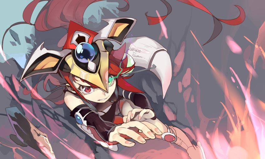 1girl, clenched_teeth, duel_monster, ege_(597100016), fire, foreshortening, green_eyes, heterochromia