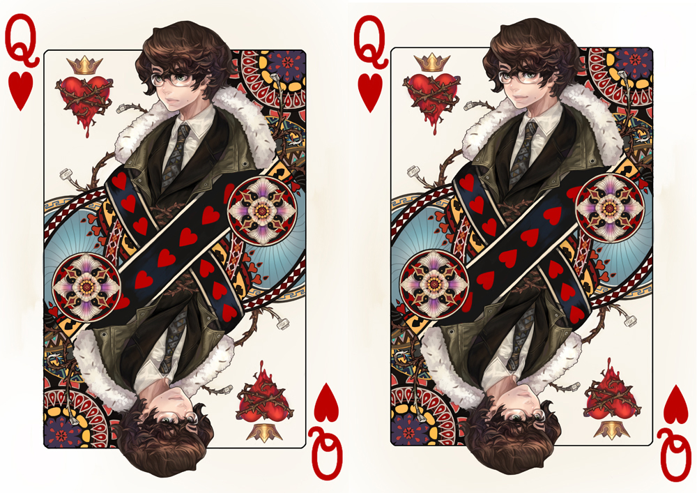 1boy, brown_hair, card, card_(medium), crown, glasses, heart, james_bond_(series), male_focus, necktie, olivia_(yh), playing_card, q_(james_bond), short_hair, skyfall, solo, thorns, upper_body, vines