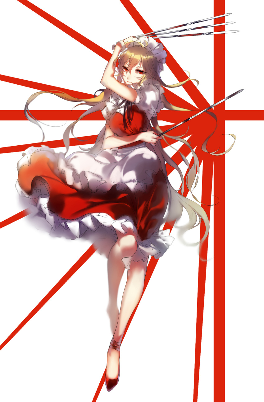 1girl, apron, blonde_hair, dress, highres, hug_(artist), long_hair, looking_at_viewer, maid, maid_headdress, puffy_short_sleeves, puffy_sleeves, red_dress, red_eyes, shirt, short_sleeves, solo, sword, touhou, touhou_(pc-98), very_long_hair, waist_apron, weapon, yumeko