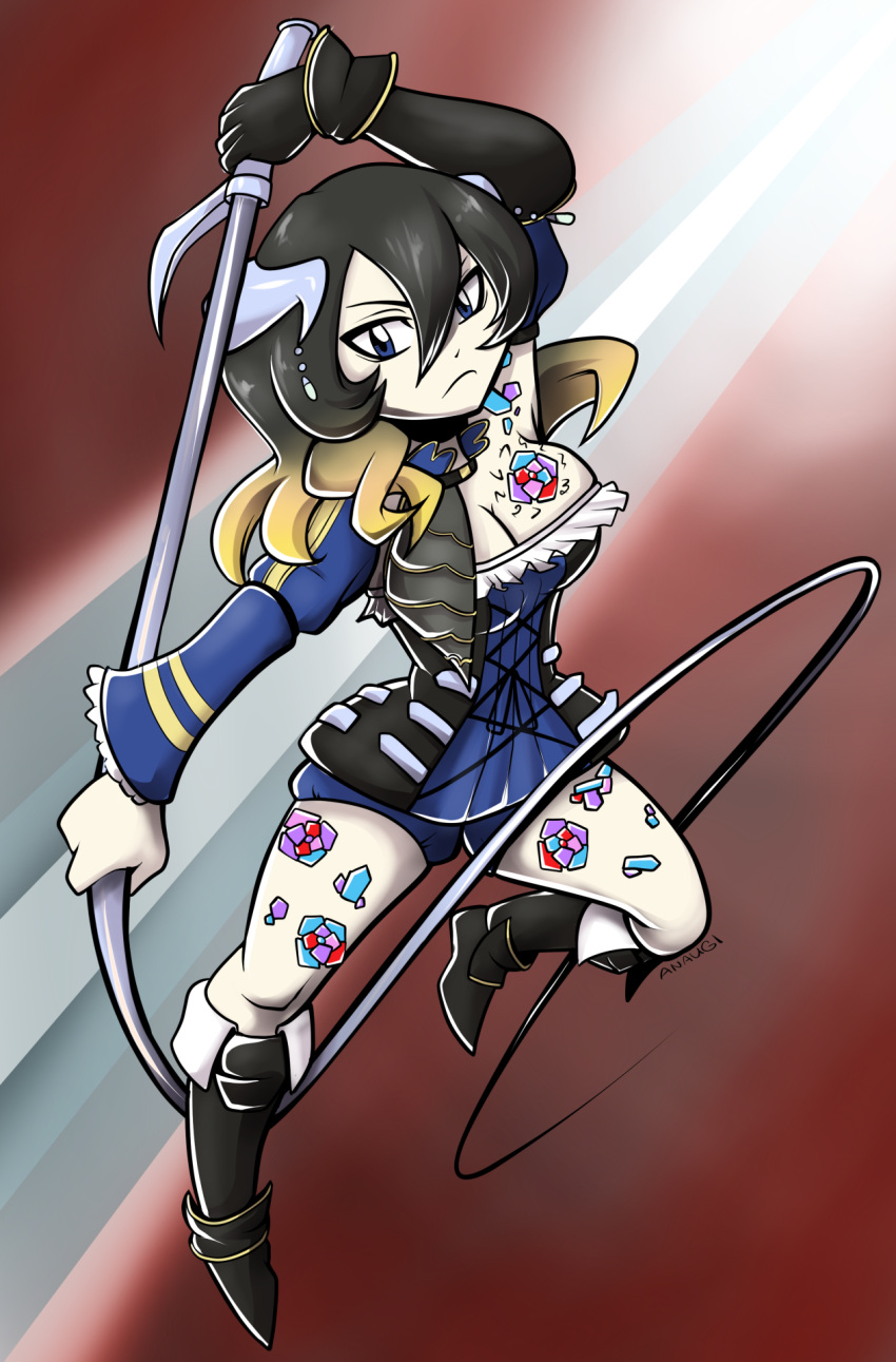 1girl, anaugi, asymmetrical_clothes, black_hair, blonde_hair, bloodstained:_ritual_of_the_night, blue_eyes, boots