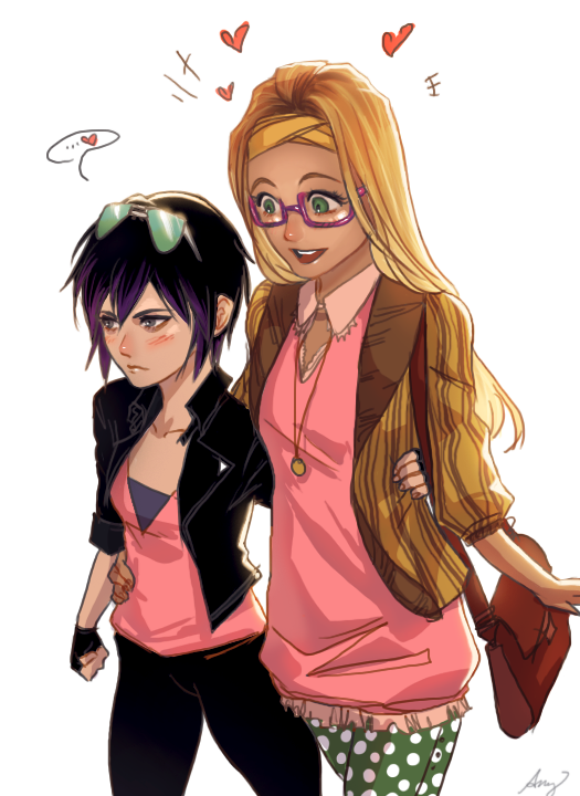 2girls, arm_around_waist, bag, big_hero_6, black_hair, blonde_hair, blush, cropped_jacket