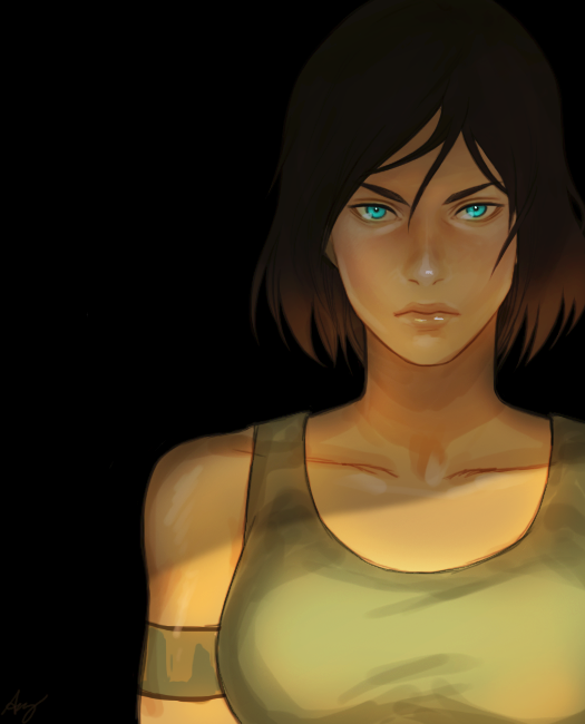 1girl, alternate_hair_length, alternate_hairstyle, armband, avatar_legends, black_background, blue_eyes, breasts, brown_hair, collarbone, dark_skin, eyebrows, hair_between_eyes, korra, ladyilena, lips, nose, solo, tank_top, the_legend_of_korra, work_in_progress