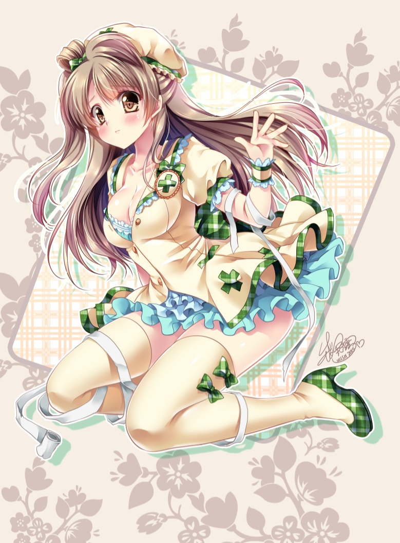 1girl, bandages, breasts, brown_hair, cleavage, dress, hat, kneeling
