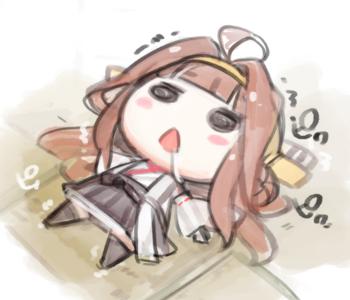 1girl, ahoge, brown_hair, chibi, detached_sleeves, double_bun, drooling, hairband