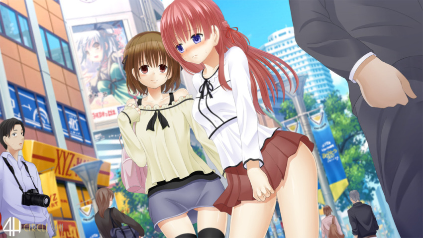 2girls, blush, brown_eyes, brown_hair, long_hair, multiple_girls, original, redhead