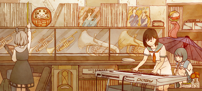3girls, absurdres, animal_ears, ascot, balancing, ball, black_hair, blue_dress, blue_hair, capelet, closed_eyes, dress, from_behind, grey_hair, grey_skirt, highres, holding, holding_umbrella, i_moyuru, instrument, karakasa_obake, keyboard_(instrument), long_sleeves, mouse_ears, mouse_tail, multiple_girls, murasa_minamitsu, nazrin, no_hat, playing_instrument, record, record_store, sailor_collar, shop, short_hair, short_sleeves, shorts, skirt, smile, squatting, standing, tagme, tail, tatara_kogasa, touhou, trumpet, umbrella, vest