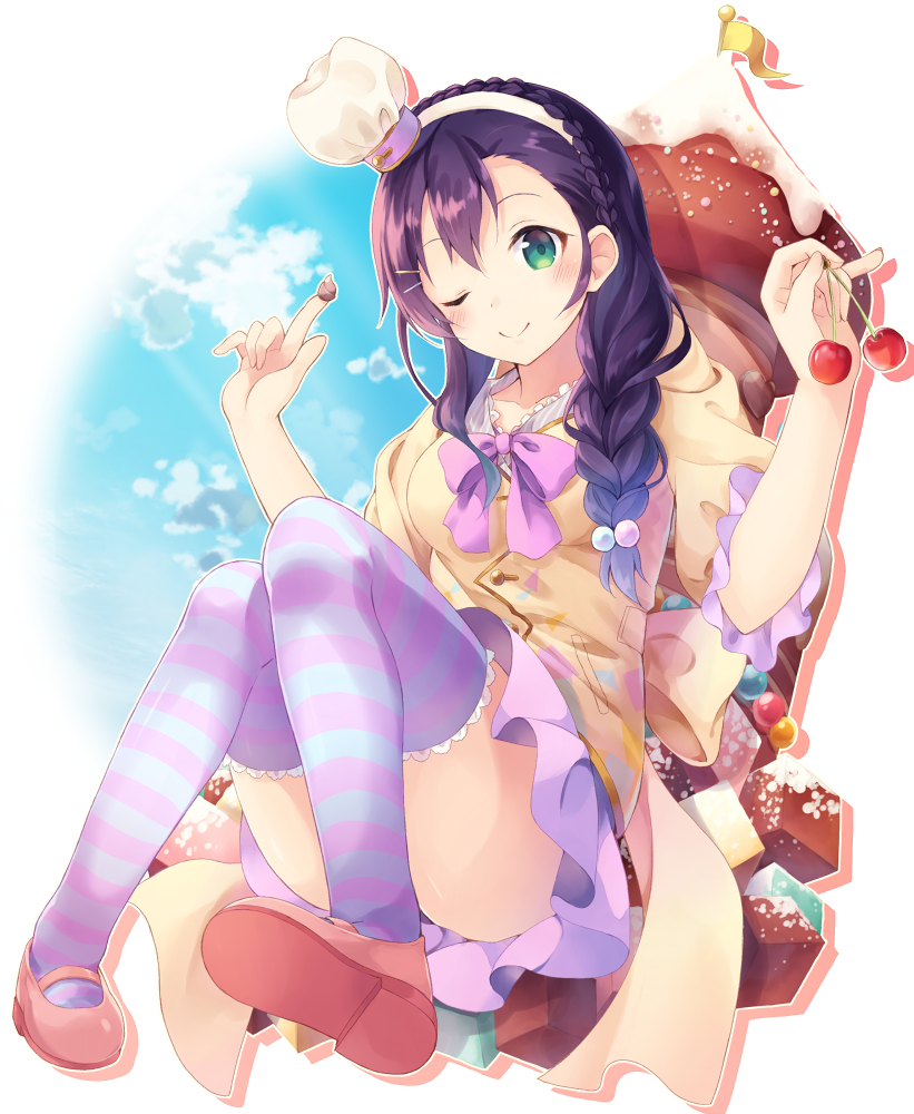 1girl, braid, breasts, cake, candy, cherry, food, fruit