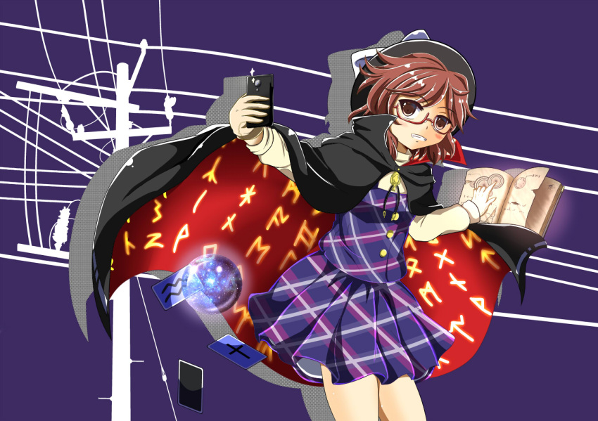1girl, book, brown_eyes, brown_hair, cape, card, cellphone, glasses