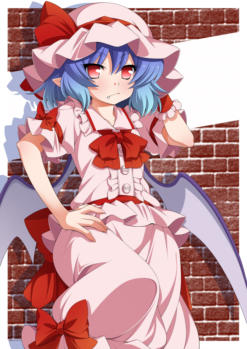 1girl, bat_wings, blue_hair, blush, bow, eichi_yuu, fang, hand_on_hip