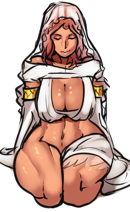 1girl, breasts, brown_hair, cleavage, closed_eyes, dark_skin, dark_souls, detached_sleeves