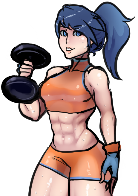 1girl, abs, battle_girl_(pokemon), bike_shorts, blue_eyes, blue_hair, breasts, cowboy_shot