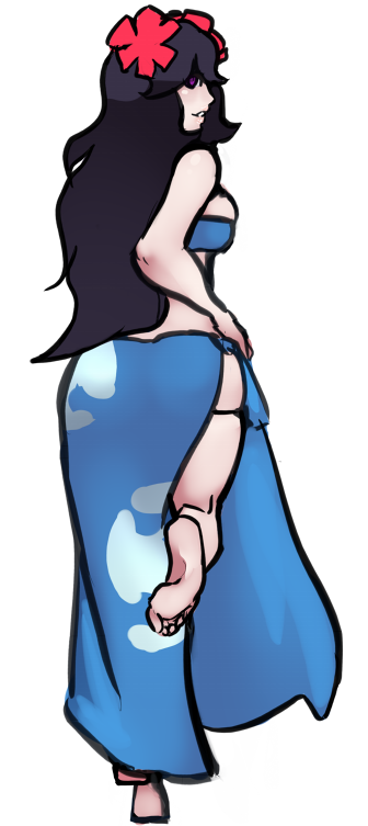 1girl, ass, bare_shoulders, barefoot, black_hair, cosplay, flower, from_behind, full_body, fuyou_(pokemon)_(cosplay), hair_flower, hair_ornament, hair_over_one_eye, hex_maniac_(pokemon), long_hair, npc, pokemon, pokemon_(game), pokemon_xy, sarong, scathegrapes, soles, solo, strapless, tubetop, violet_eyes