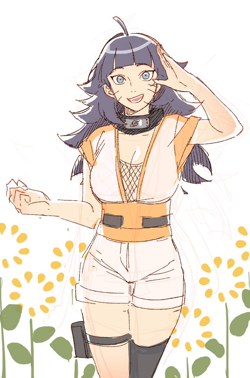 1girl, blue_eyes, facial_mark, fishnets, highres, long_hair, naruto, noeunjung93, older, salute, short_shorts, shorts, smile, solo, uzumaki_himawari
